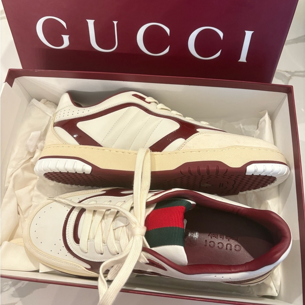 Gucci Men's White and Burgundy Sneakers leather and suede